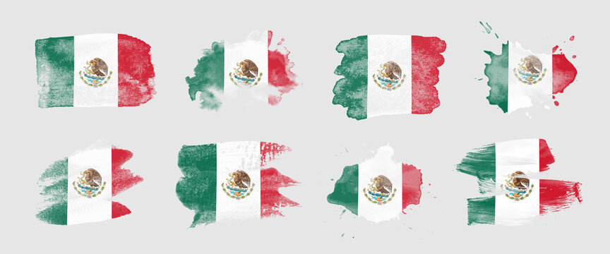 Painted flag of Mexico in various brushstroke styles.