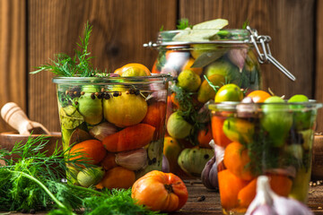 Homemade Preserves. PIckled Tomatoes. Conserve Food in Jar