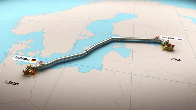 3D animation of process Nord Stream 2 gas pipeline building between Russia and Germany on map