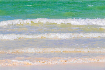 Beautiful Holbox island beach sandbank turquoise clear water waves Mexico.