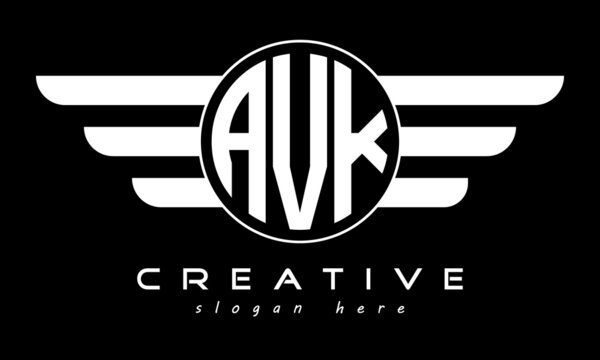 AVK three letter monogram type circle letter logo with wings vector template.