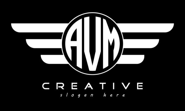 AVM three letter monogram type circle letter logo with wings vector template.