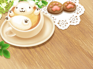 3Dラテアートカフェラテと肉球のクッキーのフレーム（クマ）