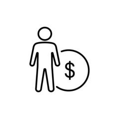 Obraz premium Man with coin black line icon. Earning, investing money, budget plan, economics symbol. Flat isolated outline sign for: illustration, logo, mobile, app, design, web, dev, ui, ux, gui. Vector EPS 10