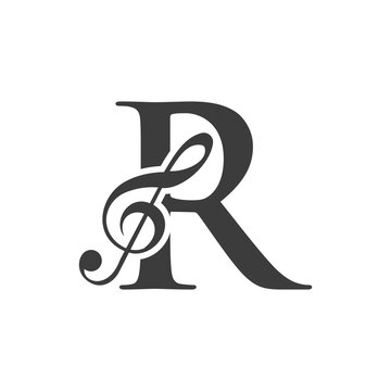 Music Logo On Letter R Concept. R Music Note Sign, Sound Music Melody Template