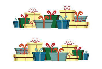 Gift box set. Lots of gifts. Festive decoration of gifts for Valentine's Day. Holiday surprise gift. Vector illustration on white background