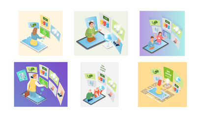 Fototapeta premium Set of illustrations about people working with integration of new technologies for environmental and ecology protection. Green techbology for eco friendly production, industrial development