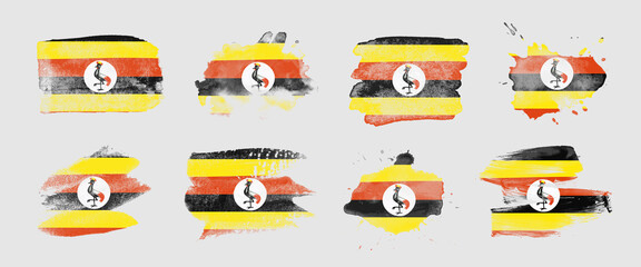 Painted flag of Uganda in various brushstroke styles.