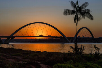 Fototapeta na wymiar Sunset at JK Bridge in Brasília, Brazil. Silhouette of a palm tree on the shore of Lake Paranoá.