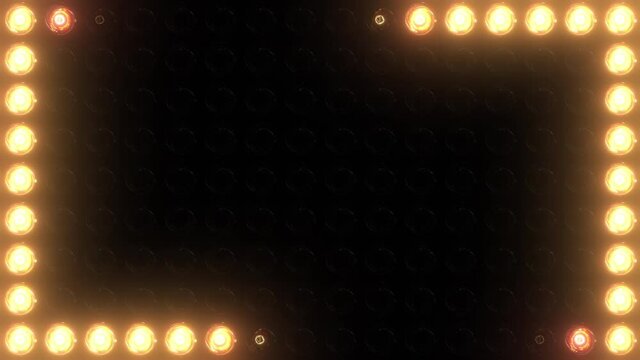 Colorful loop led back wall light bulbs. Glowing lamp background animation. Golden motion background for music video or stage event entertainment or concert. Copy space for text or logo