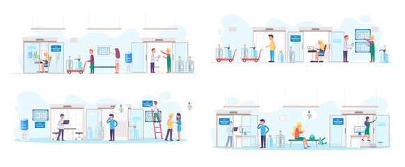 Sale of filtered water, business concept, manager in office take orders from customers for delivery of clean water in bottles for consumers. Drinkable pure filtred water selling concept scenes set