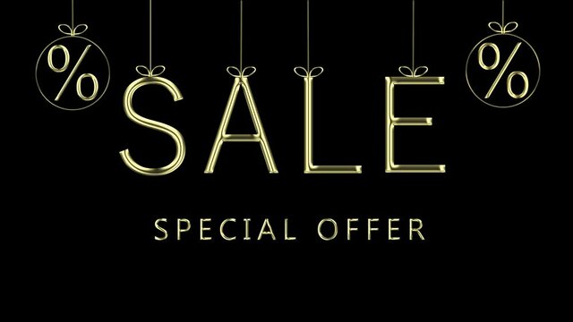 Sale Special Offer. Sale and marketing text and percent symbols with gold effect.