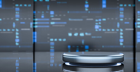 Digital Blank cylinder product stand and siver background. Futuristic pedestal for display with HUD. 3d Rendering.