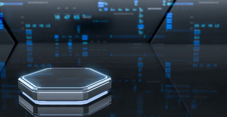 Fototapeta premium Digital Blank hexagon product stand and siver background. Futuristic pedestal for display with HUD. 3d Rendering.