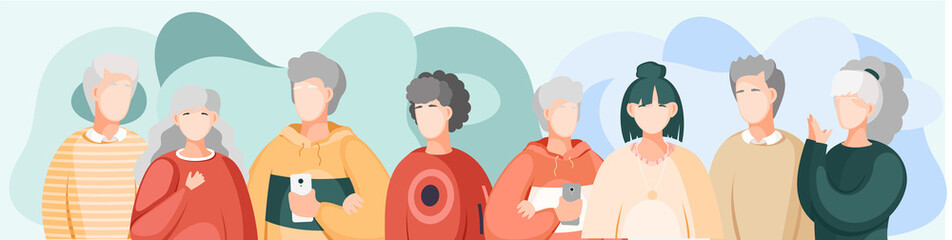 Group of people standing together community and togetherness concept, diversity portrait. Characters men and women isolated on white. Crowd community. Social diversity friends or relatives