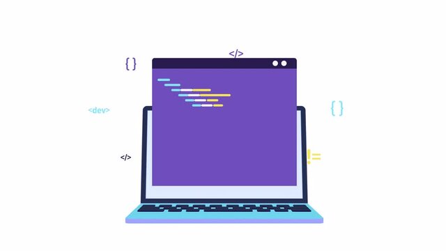 Programming and web development animation. laptop with computer code screen. programming languages, writing program code. HTML Web Page Code typing. cartoon design stock footage