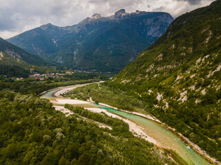 Fototapeta na wymiar Soca River Valley in Slovenia. Alpine Landscape near Bovec