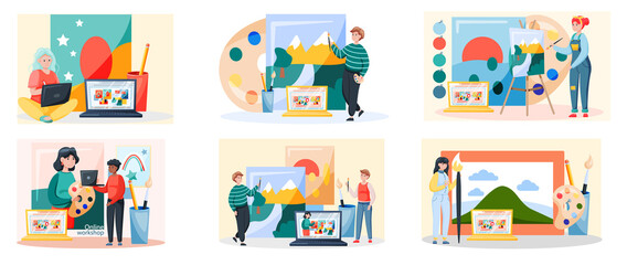 Obraz premium Online painting workshop scenes set. Artist creativity process with paint and brushes distance studying. Drawing lessons learning platform for painters and designers, educational course video tutorial