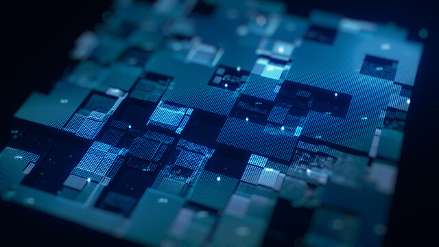 Blockchain concept. Big data binary code futuristic information technology, data flow. Transferring of big data.  interconnected blocks of data depicting a cryptocurrency blockchain. 3D Rendering.