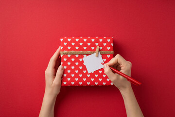 First person top view photo of saint valentine's day decor girl's hands writing note attached to...
