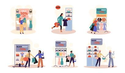 Women in clothing store on black friday. Seasonal discount offers clothes on sale. Closeout in boutique. Happy shopaholic makes purchase. Satisfied female customer with shopping bags in fashion market