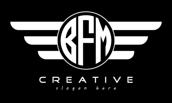 BFM three letter monogram type circle letter logo with wings vector template.