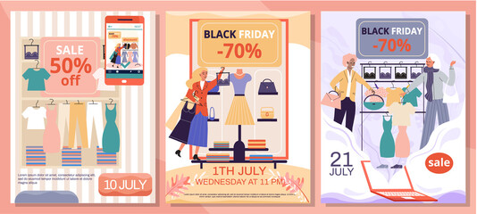 Mobile online shopping. People buy clothes and accessories in online shops, black friday sale. Special offer, discount concept. Modern clothing store, purchases using an application on smartphone