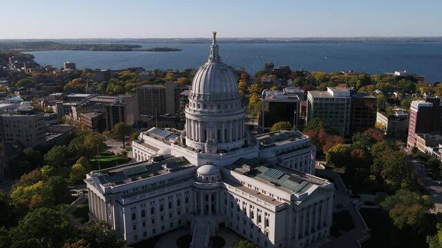Wisconsin State Capitol Building Surrounded by Autumn Colors in Madison, Wisconsin (Drone )