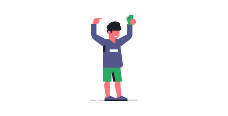 Smiling and joyful man showing a wad of money in his hand. Vector illustration isolated on white background.