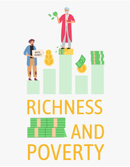 Richness and poverty concept. Happy rich man rejoices in prosperity and sad poor unemployed guy need money. Economic and social condition of people. Financial superiority, wealth and poorness