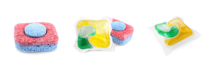 Set with dishwasher detergent tablets and gel capsules on white background. Banner design