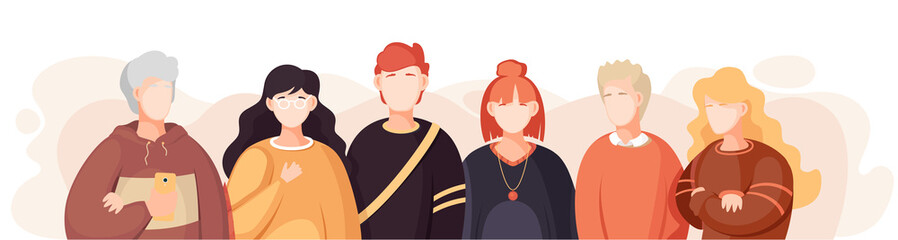 Group of people standing together community and togetherness concept, diversity portrait. Characters men and women isolated on white. Crowd community. Social diversity friends or relatives