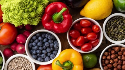 Healthy eating ingredients: fresh vegetables, fruits and superfood. Nutrition, diet, vegan food.