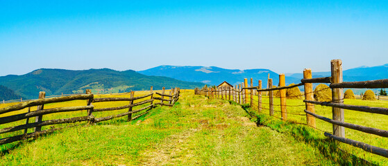Great countryside mountains landscape in summer morning. Attractive scene on a sunny day. Fresh seasonal background. Discover the beauty of earth - obrazy, fototapety, plakaty