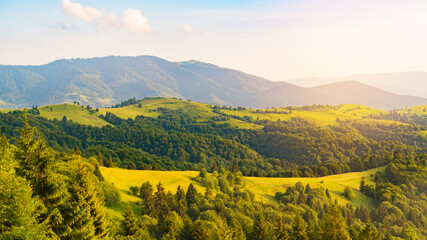 Great countryside mountains landscape in summer morning. Attractive scene on a sunny day. Fresh seasonal background. Discover the beauty of earth - obrazy, fototapety, plakaty