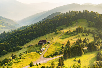 Great countryside mountains landscape in summer morning. Attractive scene on a sunny day. Fresh seasonal background. Discover the beauty of earth