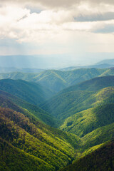 Fototapeta premium Misty haze on the hills. Colored sunrise in mountain slope. Sky with rain clouds. Beauty of nature concept background