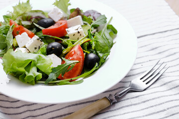 Fresh Greek salad in white plate. Space for text.