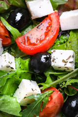 Fresh Greek salad texture closeup. Macro food