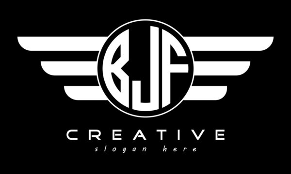 BJF three letter monogram type circle letter logo with wings vector template.


