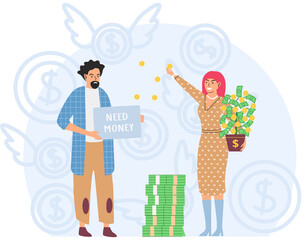 Richness and poverty concept. Rich happy woman scatter bills, poor man tramp begging on street. Financial success, unemployed person, pauper and wealthy lady. Financial superiority wealth and poorness