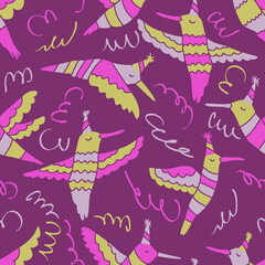 Hand drawn party hummingbirds seamless pattern. Perfect for T-shirt, poster, greeting card and print. Doodle vector illustration for decor and design.
