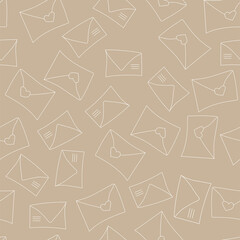 Vector. Cute seamless pattern of love with envelopes, mail, on a beige background. Doodle illustration in cartoon style. Valentine's Day design for print and textile, wallpaper, wrapping paper.