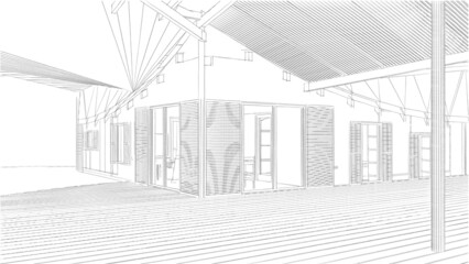 3d render of a modern house with pergolas, sketch