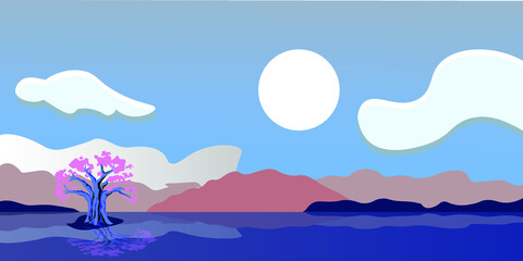 Fototapeta na wymiar Flat landscape view with hills and lake. Vector illustration of a nature background.