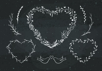 Floral heart shape frames. Vector illustration with rustic floral hearts. Valentines Day frames template. 