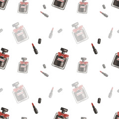 Watercolor seamless pattern from hand painted illustration of red open lipstick, perfume in black bottle with bow. Print on white background in woman style for design fabric textile, packaging paper