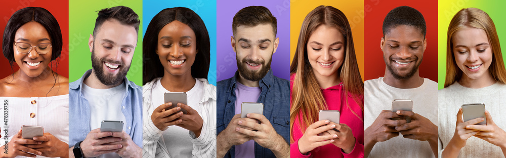 Poster diverse happy people messaging on smartphones while standing over colorful backgrounds