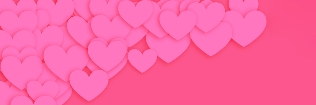 Valentines day pink background header with hearts. Wide screen wallpaper. Panoramic web banner with copy space for design