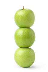 Three fresh green apples stack isolated on white background.